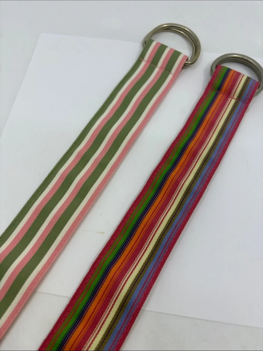 Striped Double-Ring Fabric Belt - Pink & Olive Green